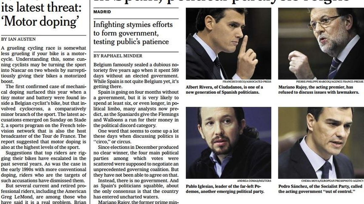 La "parálisis política reina en España", portada de 'The New York Times'