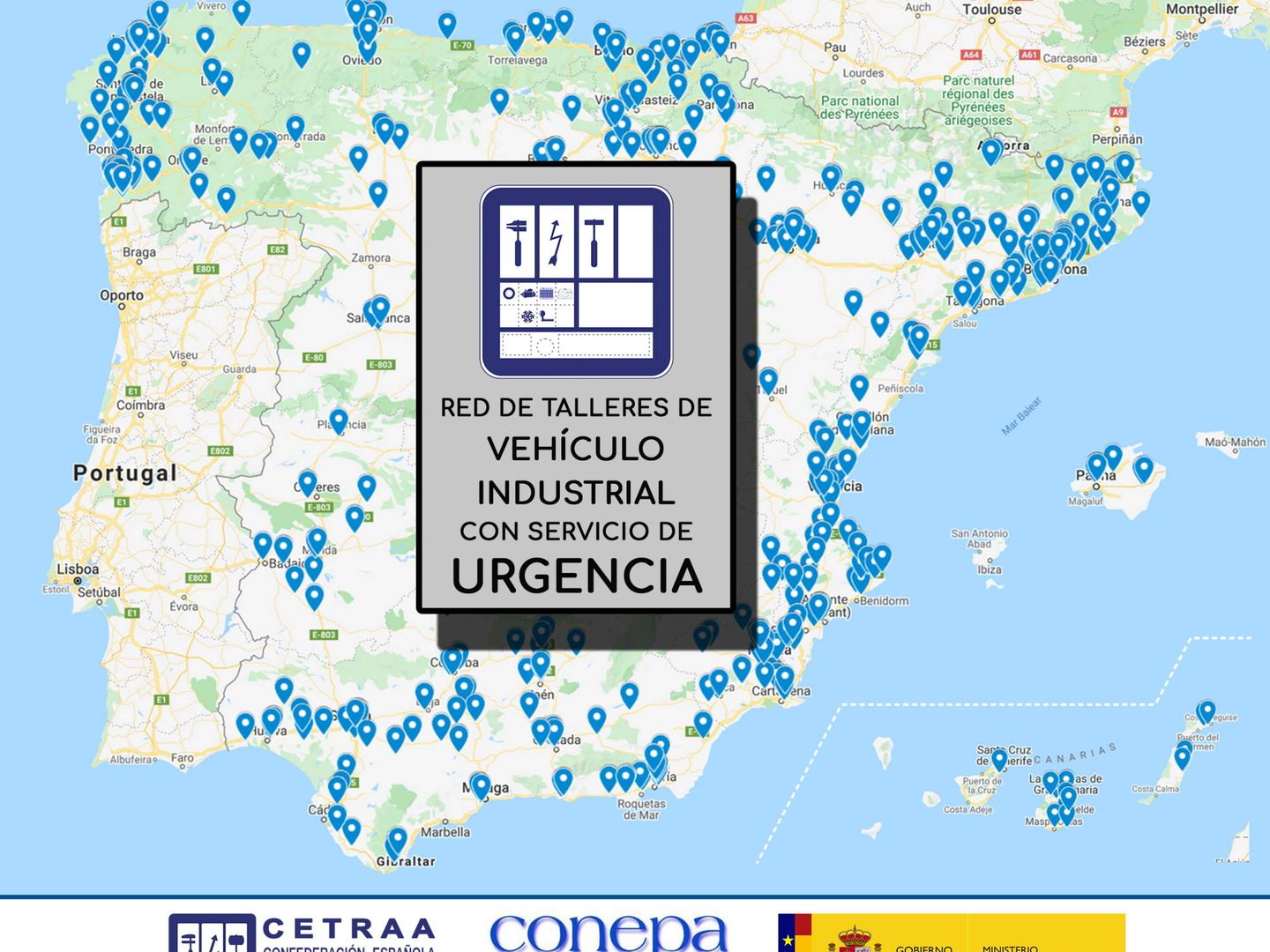 Esta es una imagen del mapa interactivo en el que se muestran los 800 talleres en servicio de urgencia solo para transportistas.