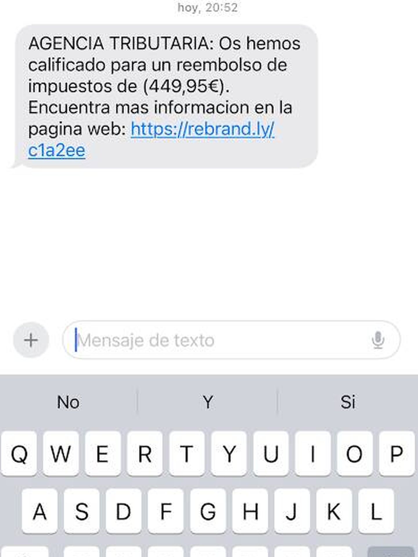 Captura del SMS falso