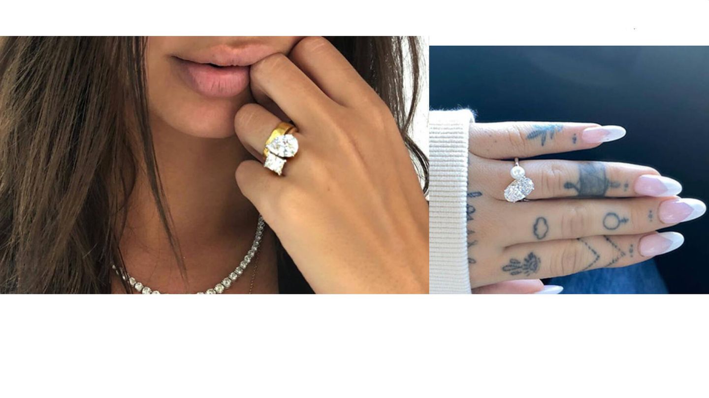 Los anillos de Emily Ratajkowski y Ariana Grande. (Instagram)