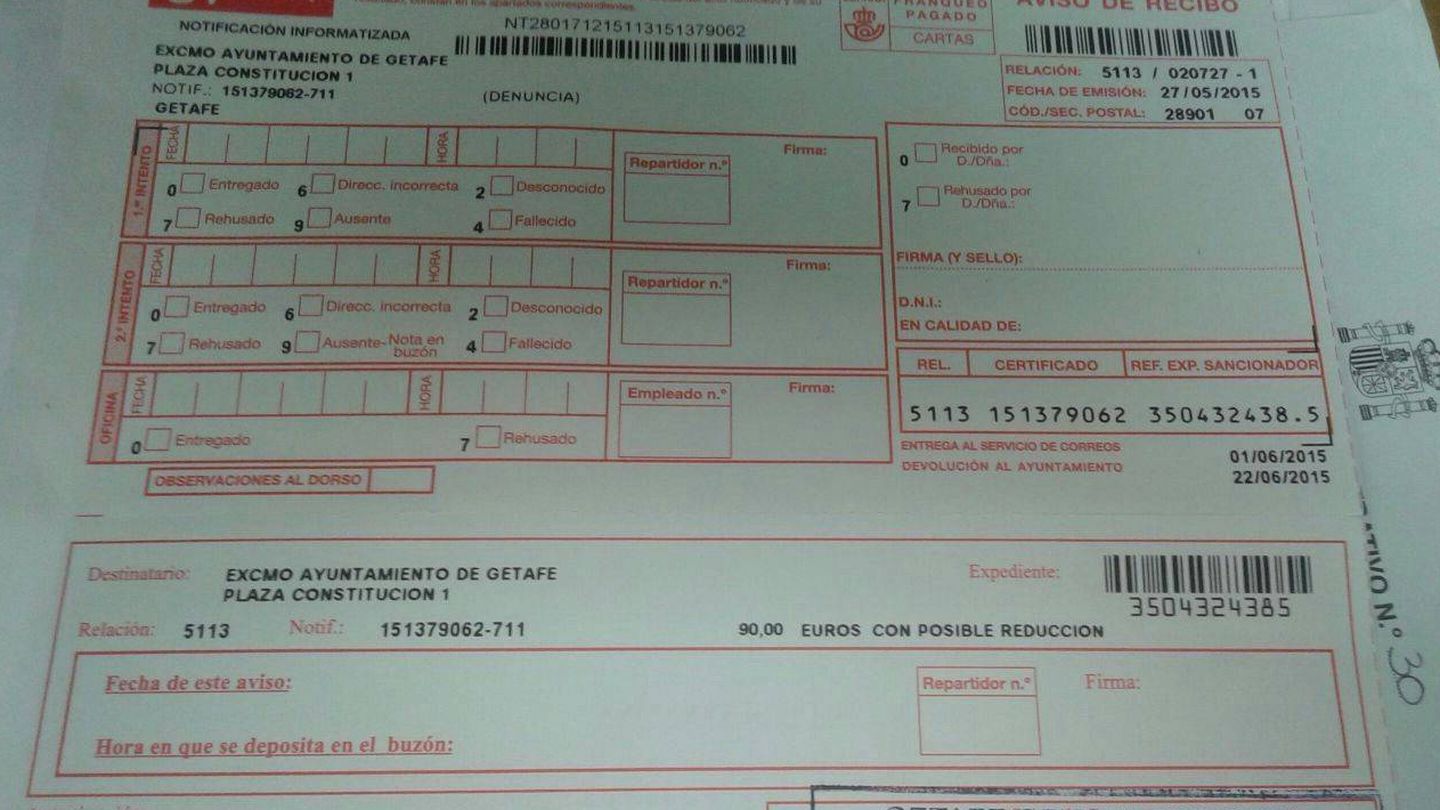 Una de las multas a los escoltas de Juan Soler, de 90 euros.