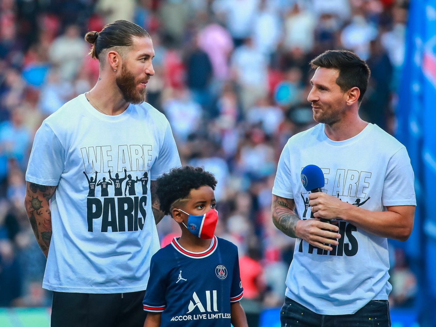 Sergio Ramos y Messi, el día de su presentación en el Parque de los Príncipes.