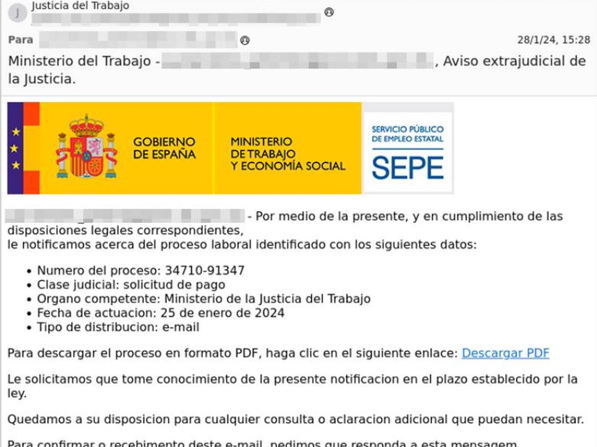 Foto: Captura del email fraudulento que suplanta al SEPE. (Twitter/@empleo_SEPE)