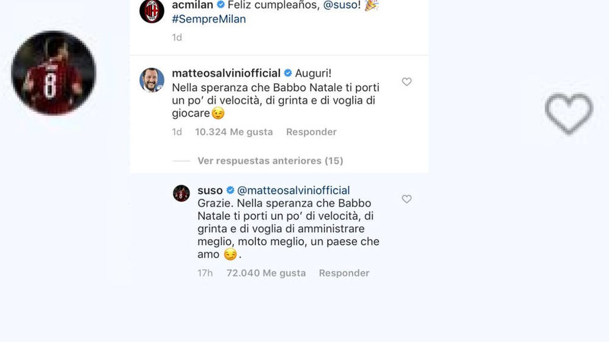 Bronca con doble zasca entre el futbolista Suso y el político Salvini en Instagram