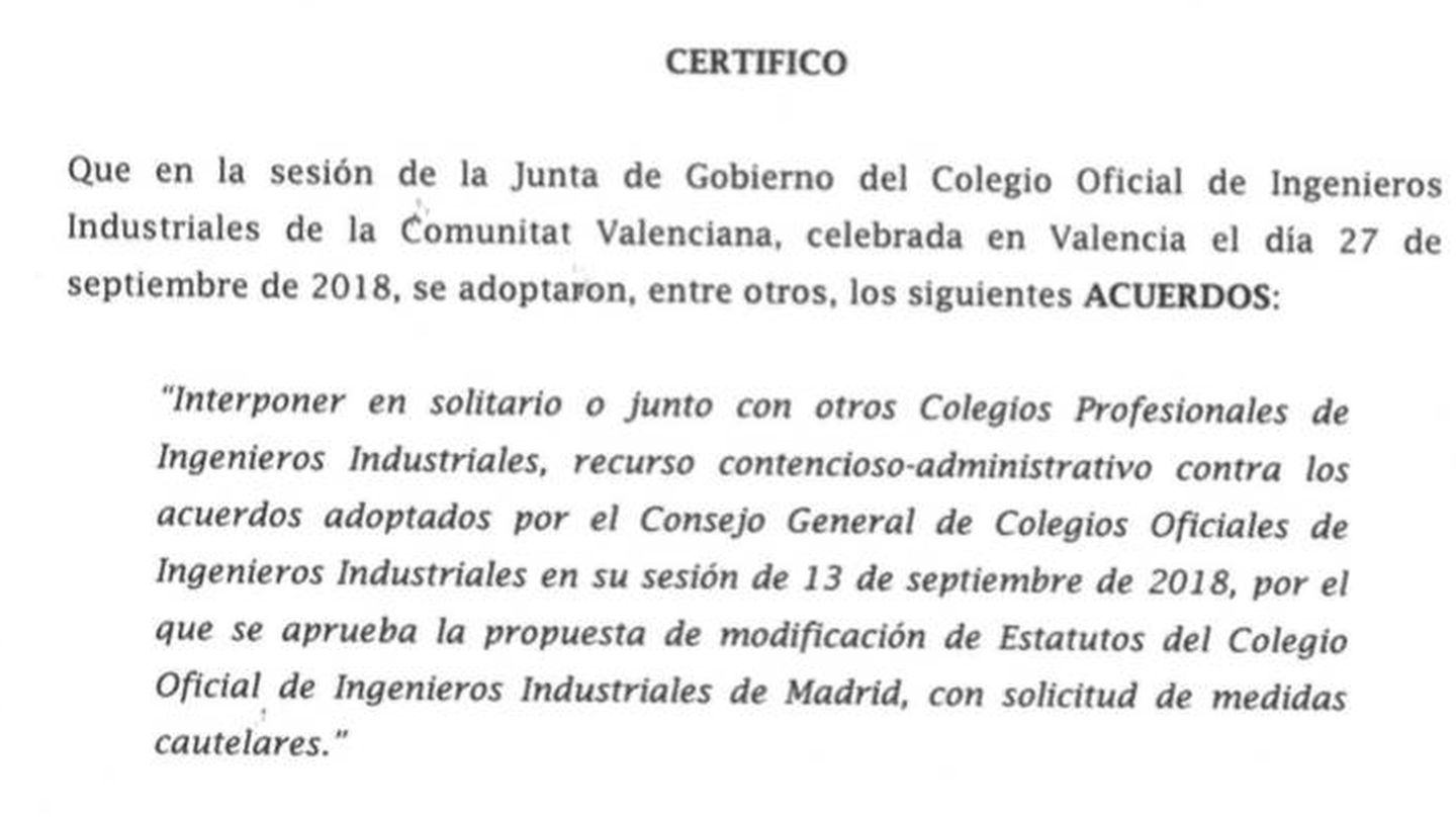 Acuerdo del Colegio de Ingenieros de la Comunidad Valenciana contra el cambio estatutario de Madrid.