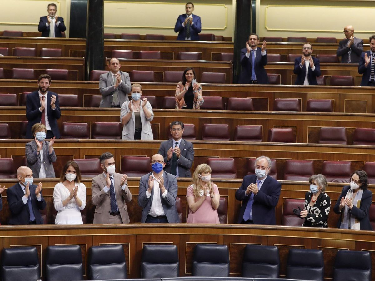 Foto: La bancada socialista aplaude en el Congreso la aprobación del IMV. (EFE)