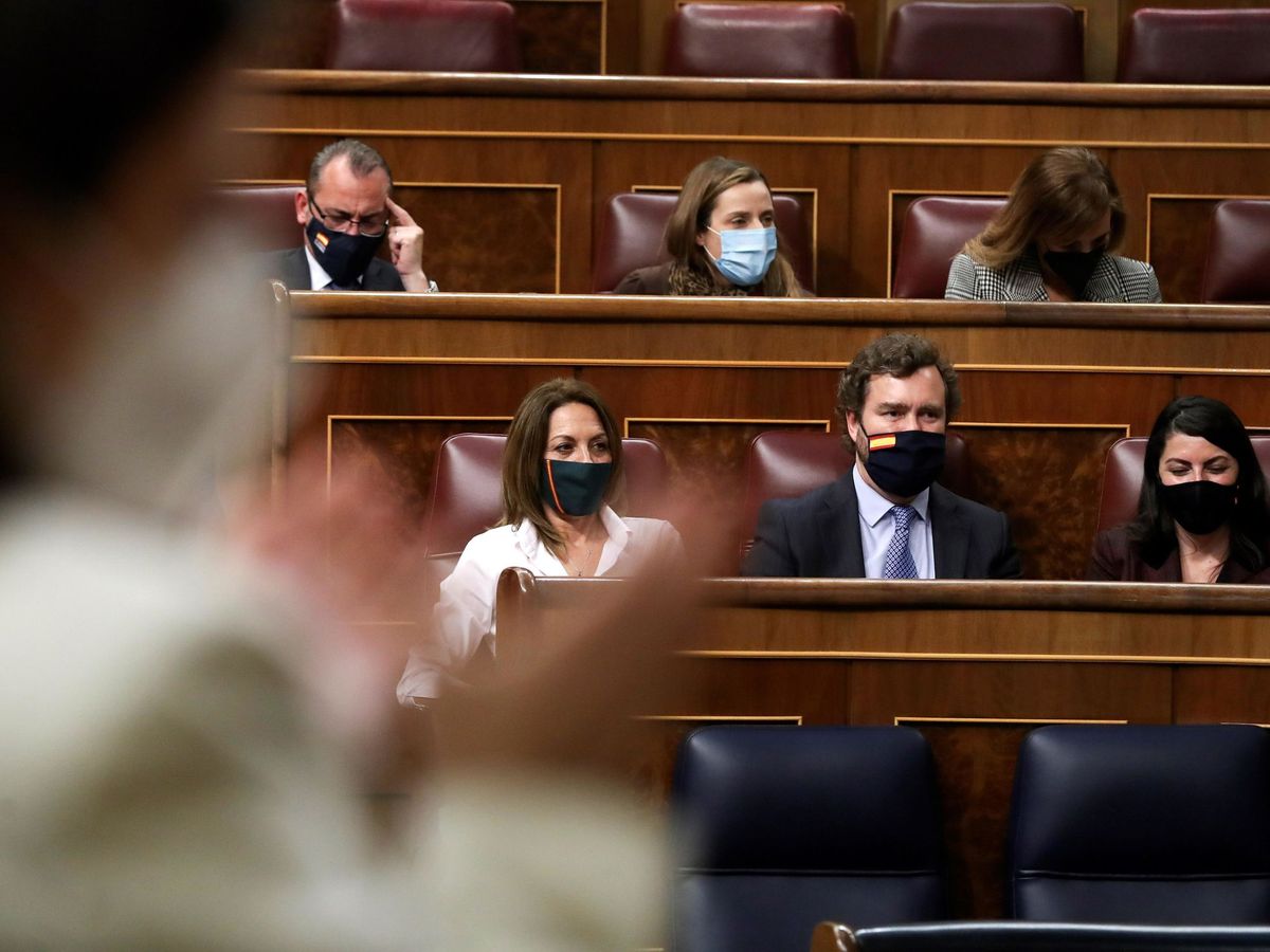 Foto: Los diputados de Vox, sentados, mientras el resto del Congreso aplaude. (EFE) 