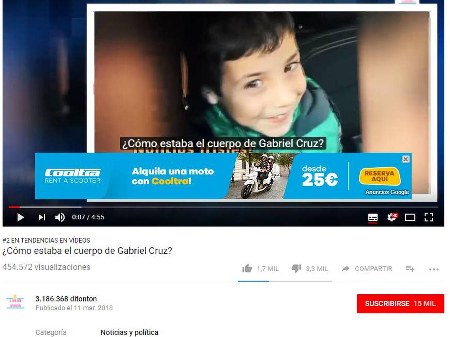 Captura del vídeo del niño con el anuncio