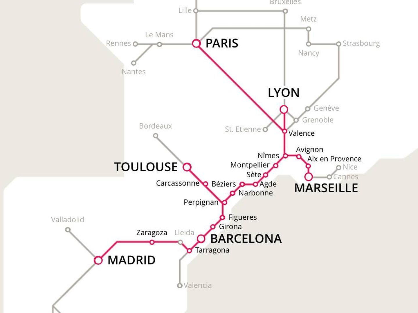En rojo, las rutas compartidas entre Renfe y SNCF, planificadas desde Elipsos Internacional. 
