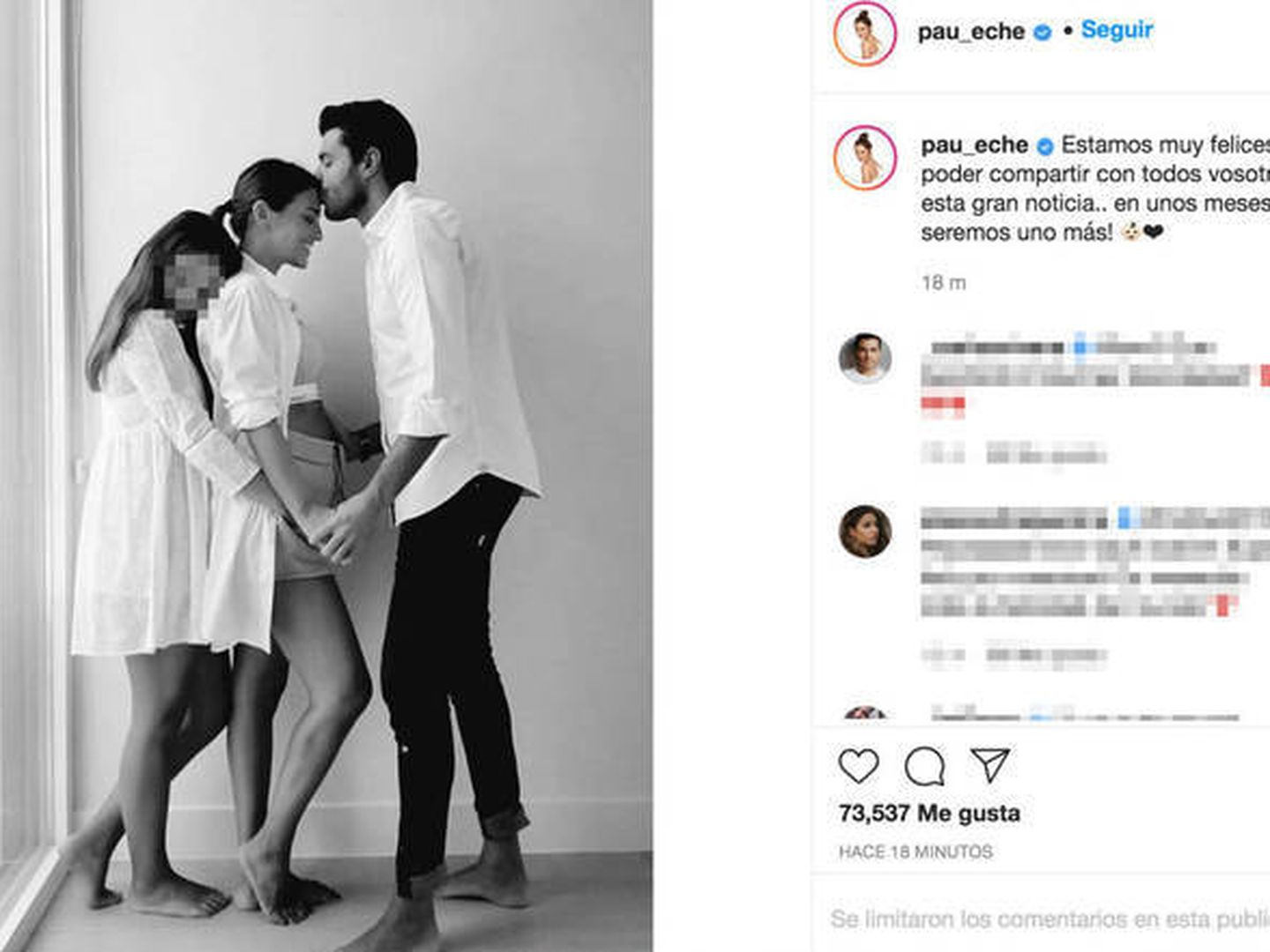 Paula Echevarría junto a Miguel Torres y su hija Daniella, anunciando su embarazo. (IG)