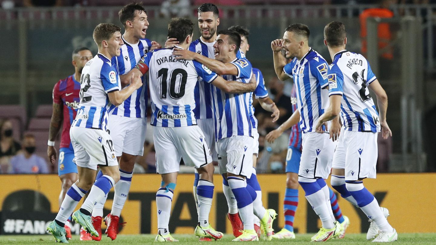 Oyarzábal celebra un gol de la Real en el primer partido de Liga. (REUTERS)