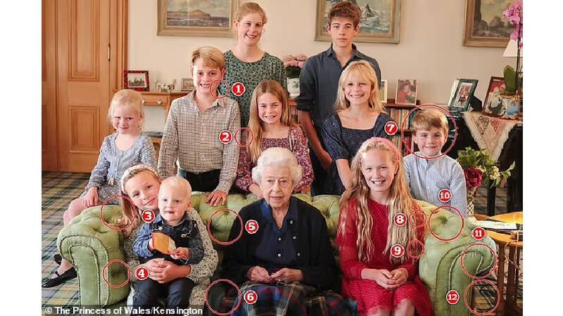 Los errores de Photoshop sobre el retrato de Isabel II en Balmoral. (Kengsington Palace/Edición: Daily Mail)