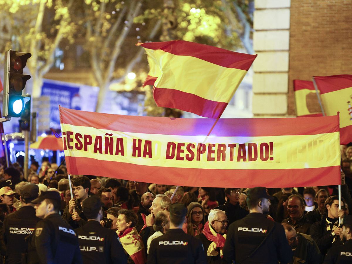 Foto: Ciudadanos en contra de la amnistía se manifiestan frente a la sede del PSOE (EFE/Rodrigo Jiménez)