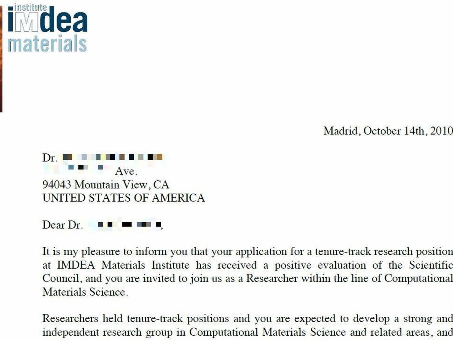 La carta de invitación del centro al investigador emigrado a EEUU (EC)