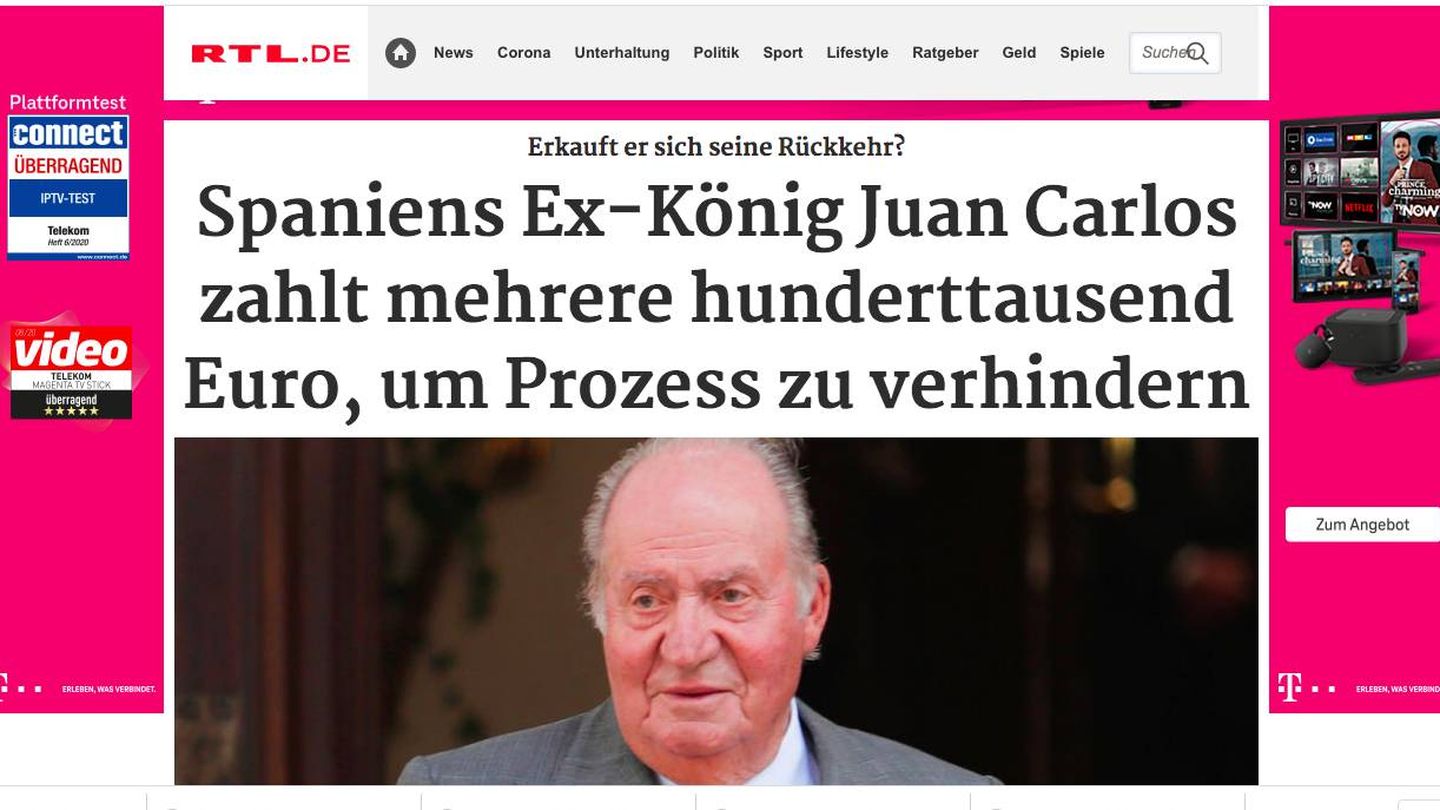 La noticia sobre el rey Juan Carlos, en el portal alemán 'RTL'. 