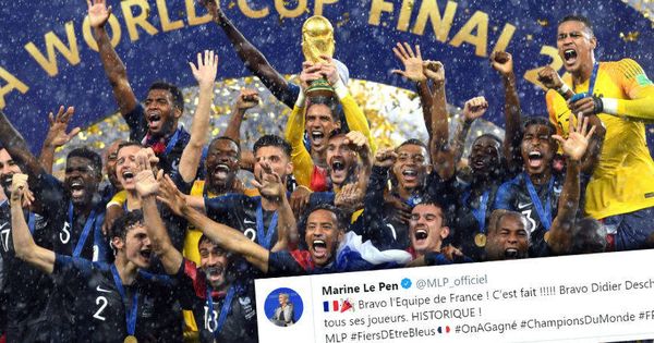 Foto: Los jugadores de la selección francesa, tras el triunfo junto al tuit de Marine Le Pen. (Montaje: R. Cano)