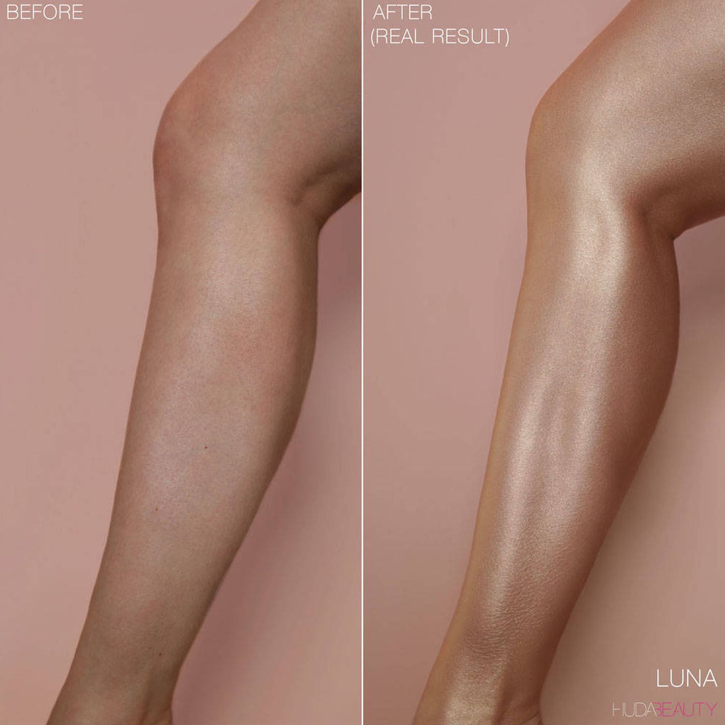 Antes y después de usar la crema bronceadora de Huda Beauty.