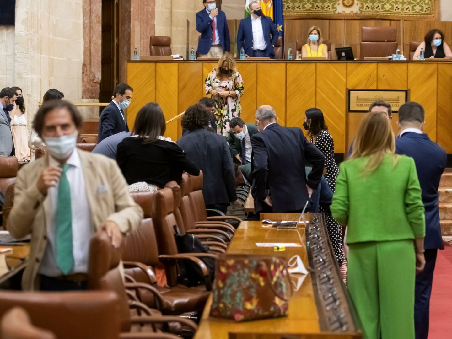 El presidente andaluz, Juanma Moreno (centro al fondo) y varios diputados (EFE/Raúl Caro)
