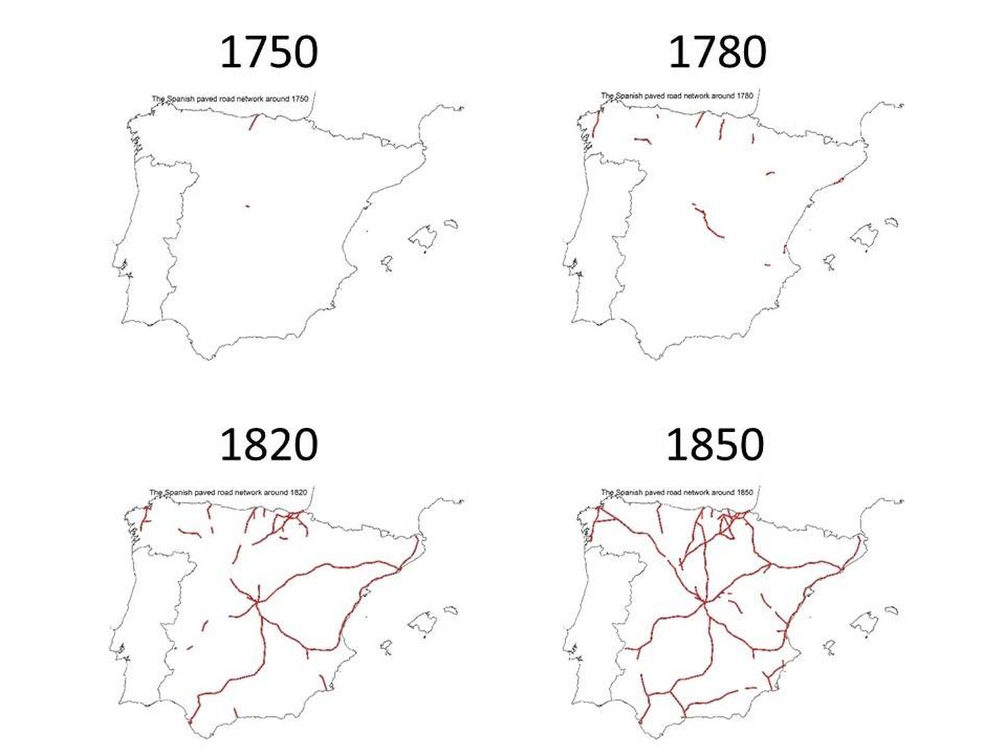 Evolución de la construcción del sistema radial de carreteras. (Imagen cedida por los autores)