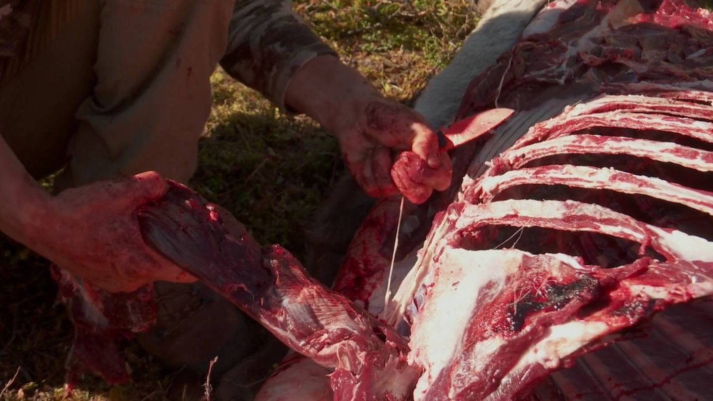 Steven Rinella, desollando un animal en 'Meat Eater'. (Neflix).