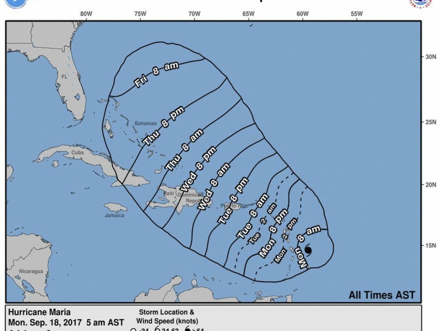 Representación que muestra la posible trayectoria de la tormenta tropical María en el Océano Atlántico. (EFE)