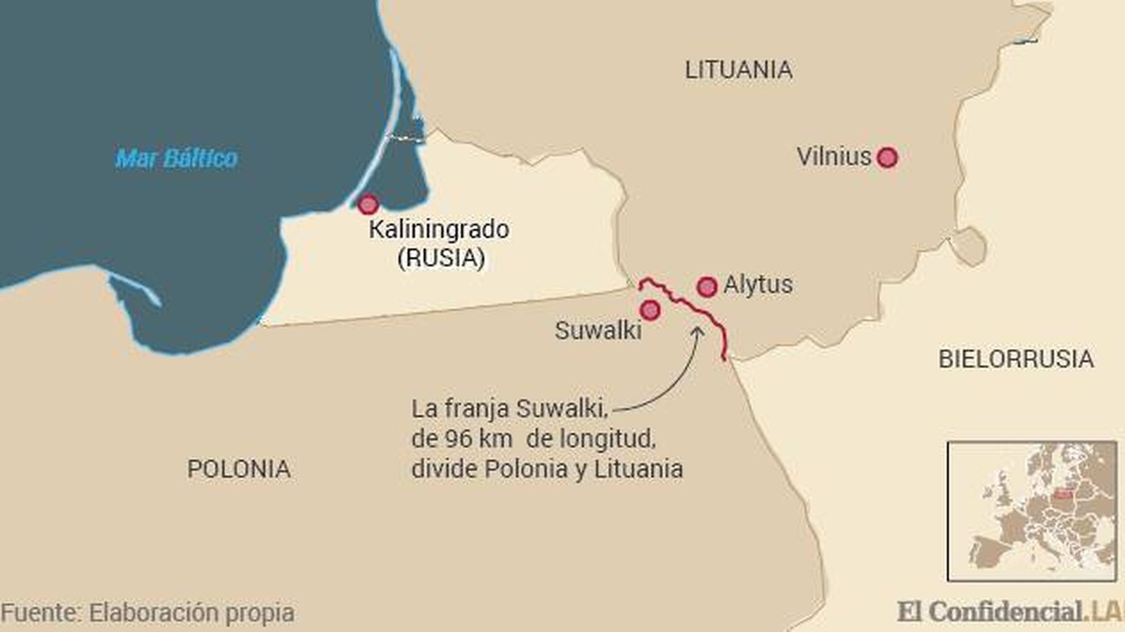 Situación en la franja entre Polonia y Lituania. (El Confidencial)