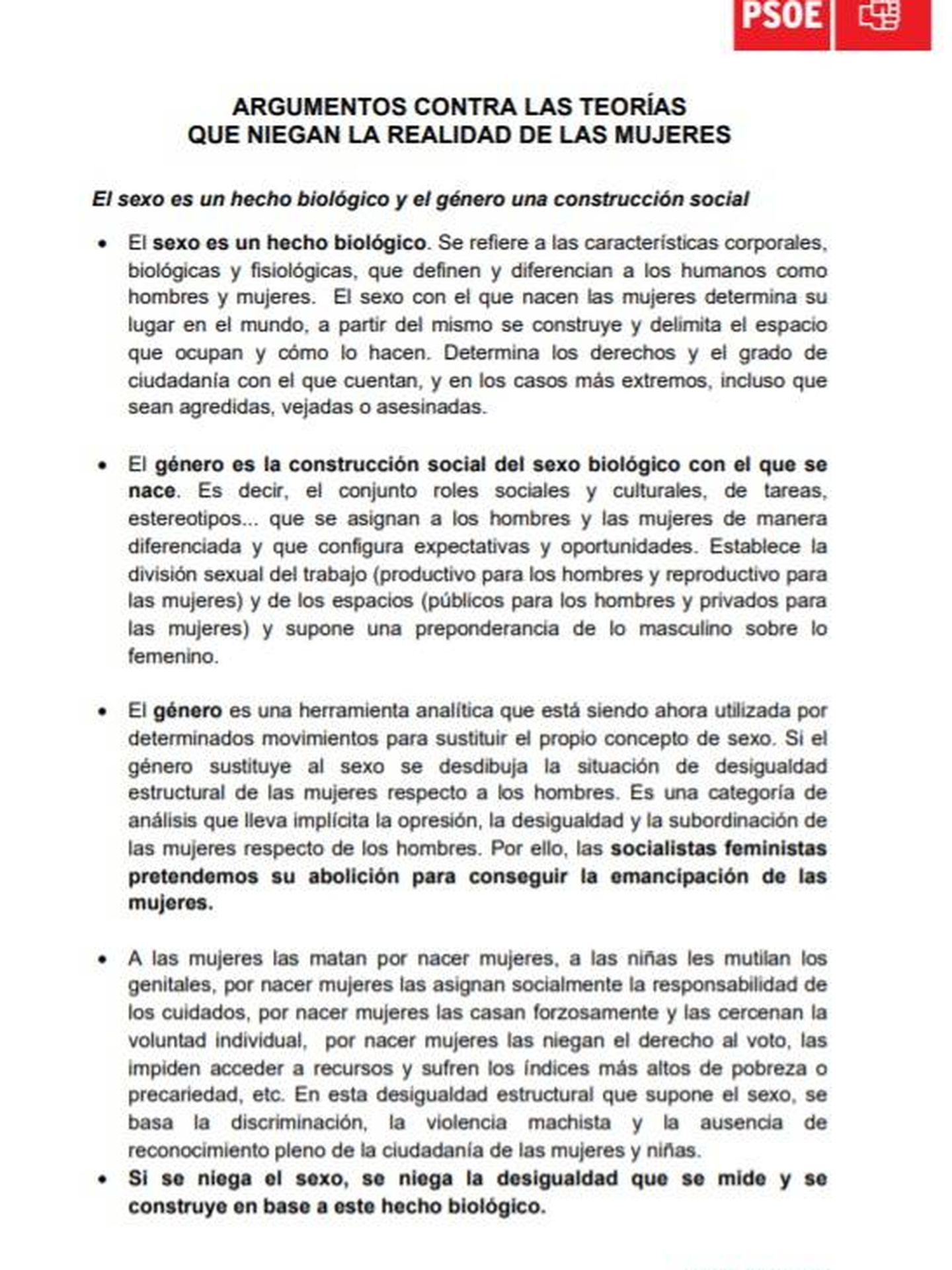 Consulte aquí en PDF el argumentario feminista del PSOE contra la teoría 'queer'.