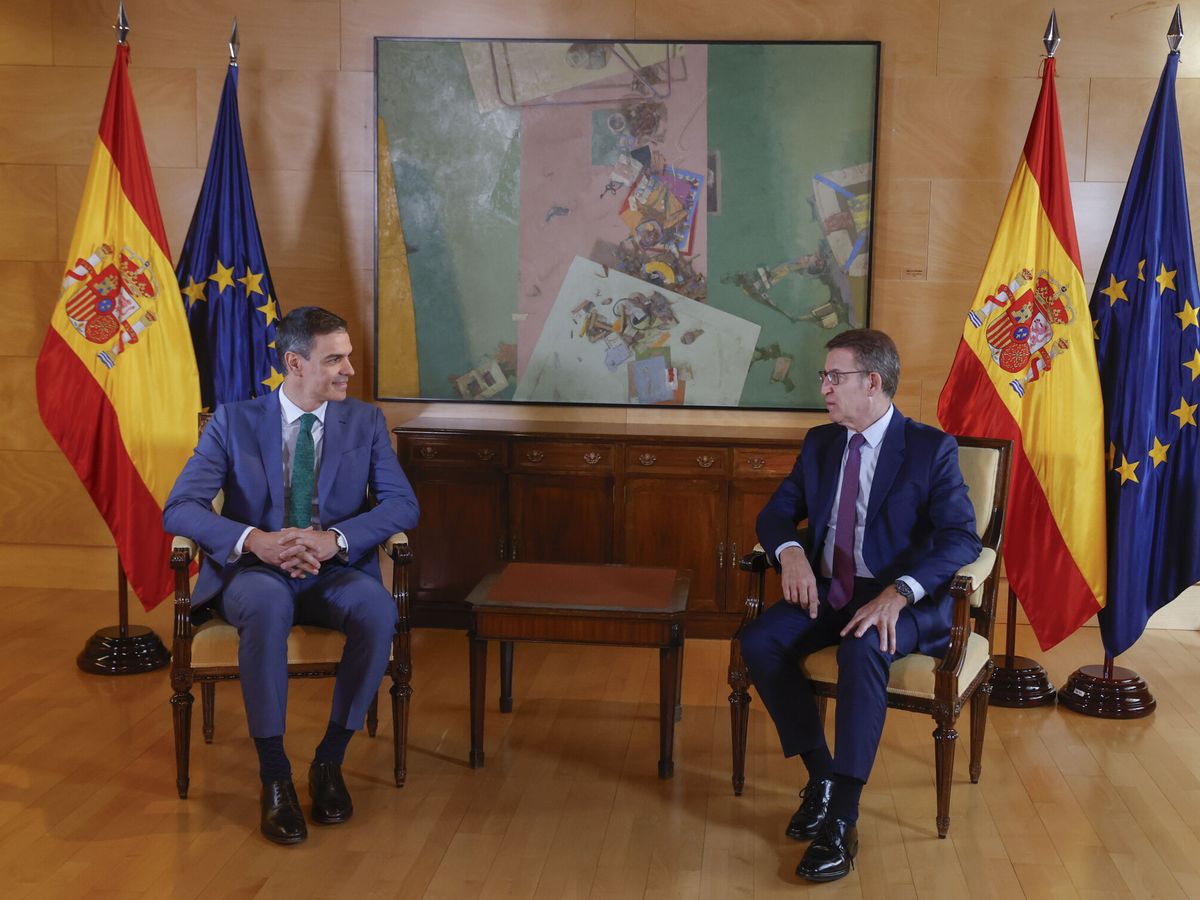 Foto: El presidente del Gobierno, Pedro Sánchez (i), junto al líder del PP, Alberto Núñez Feijóo. (EFE/Juan Carlos Hidalgo)