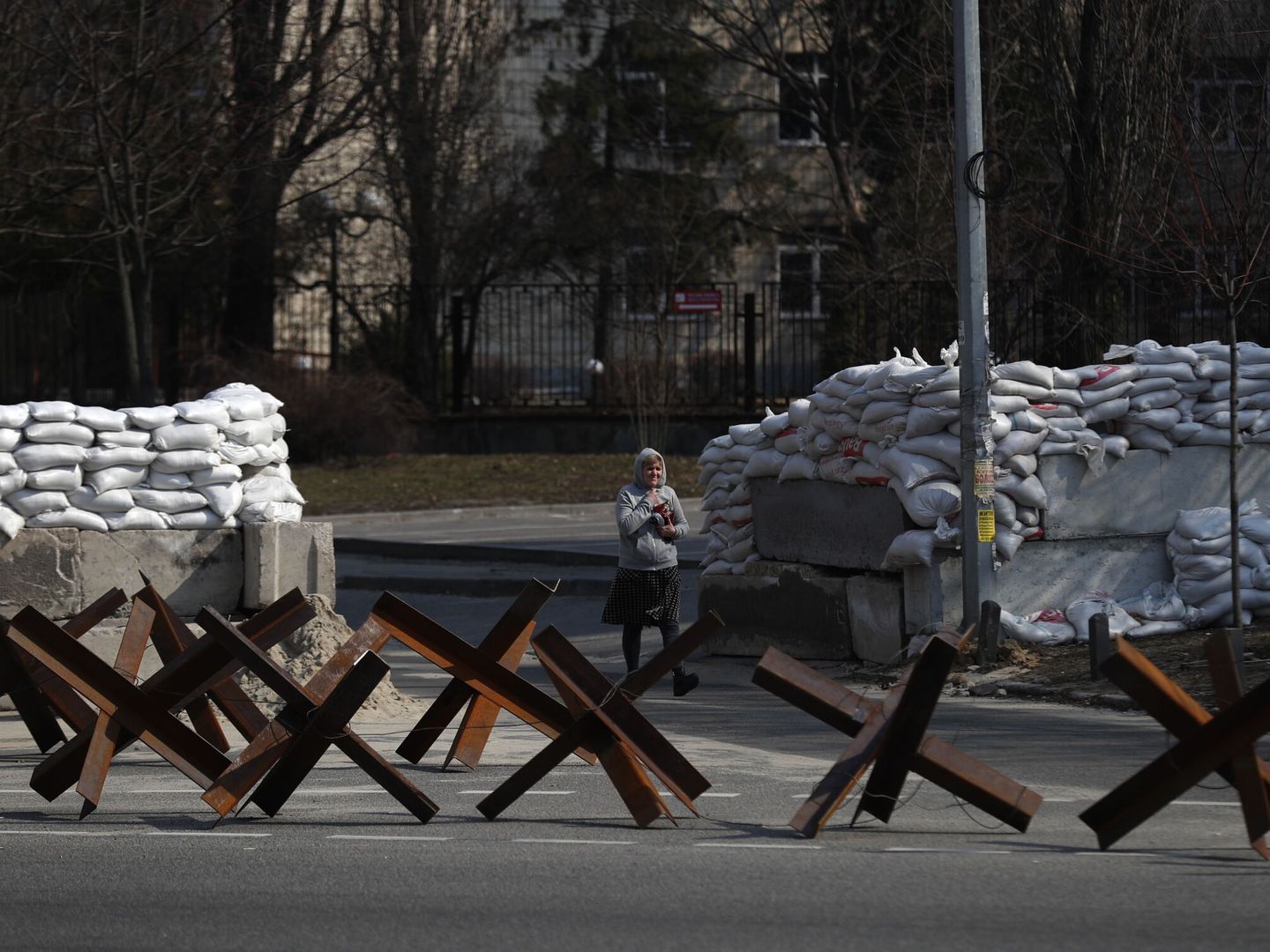 Una mujer camina entre las barricadas de Kiev. (EFE EPA ATEF SAFADI)