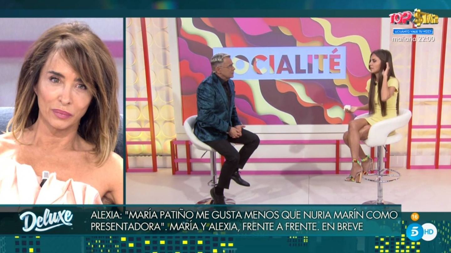 María Patiño observando la entrevista de Jorge Javier a Rivas. (Telecinco).