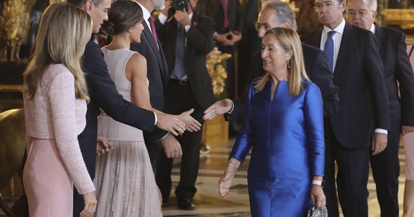 Foto: Sánchez y su esposa, a la derecha de los Reyes en la recepción en Palacio. (EFE)
