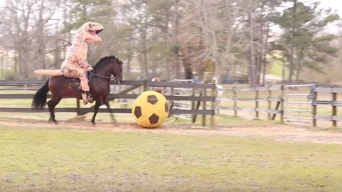 El sorprendente vídeo donde un 'dinosaurio' monta a lomos de un caballo