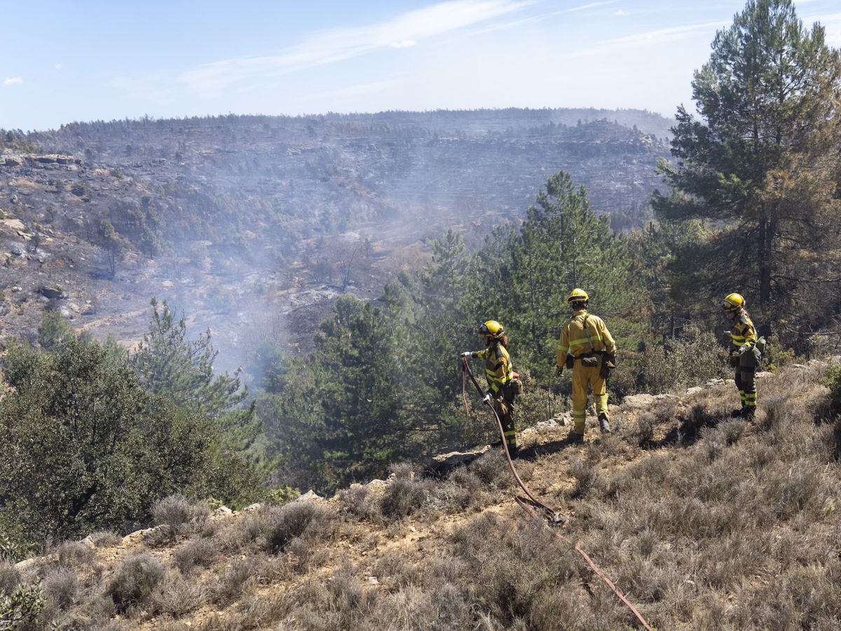 Foto: Una brigada de bomberos forestales, en las labores de extinción del incendio de San Agustín, Teruel. (EFE/Antonio García)