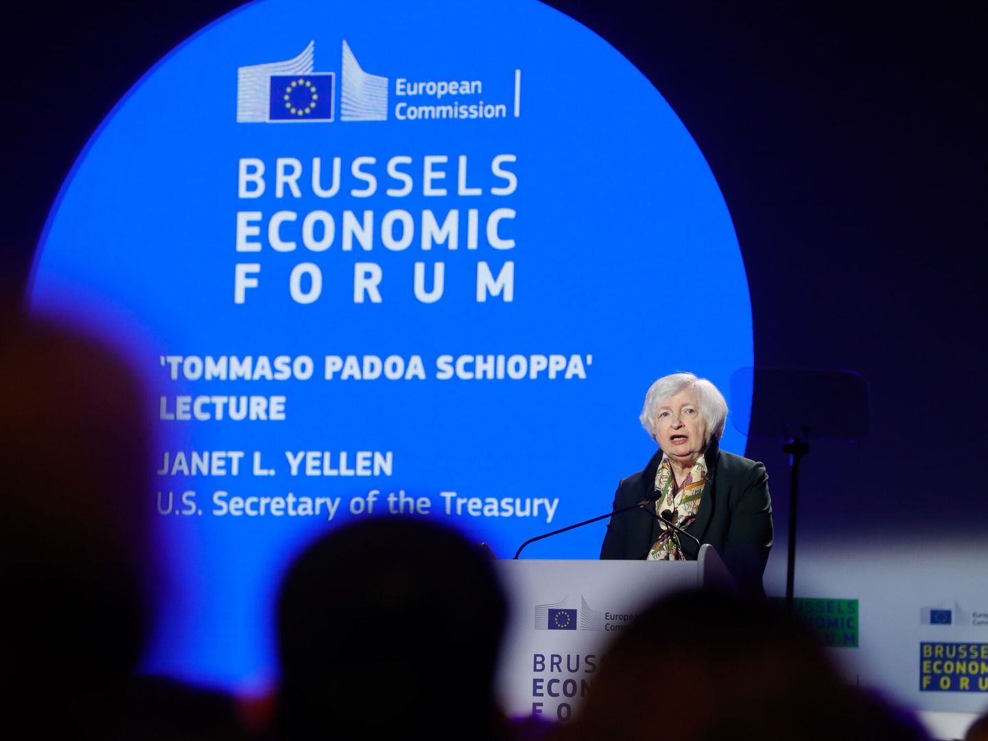 La secretaria del Tesoro estadounidense, Janet Yellen, durante su discurso en Foro Económico de Bruselas. (EFE/ Stephanie Lecocq) 