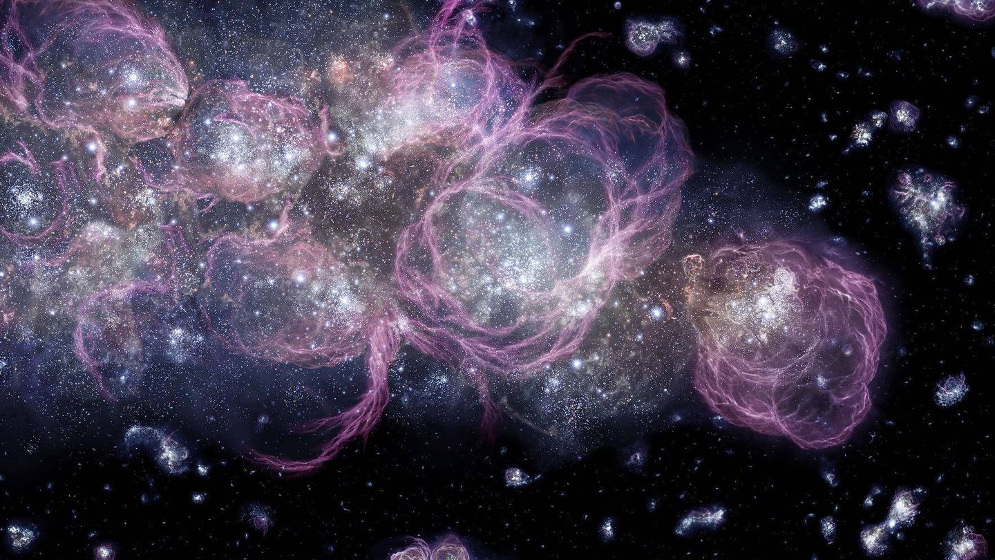 Protogalaxias colisionando tras el Big Bang. 
