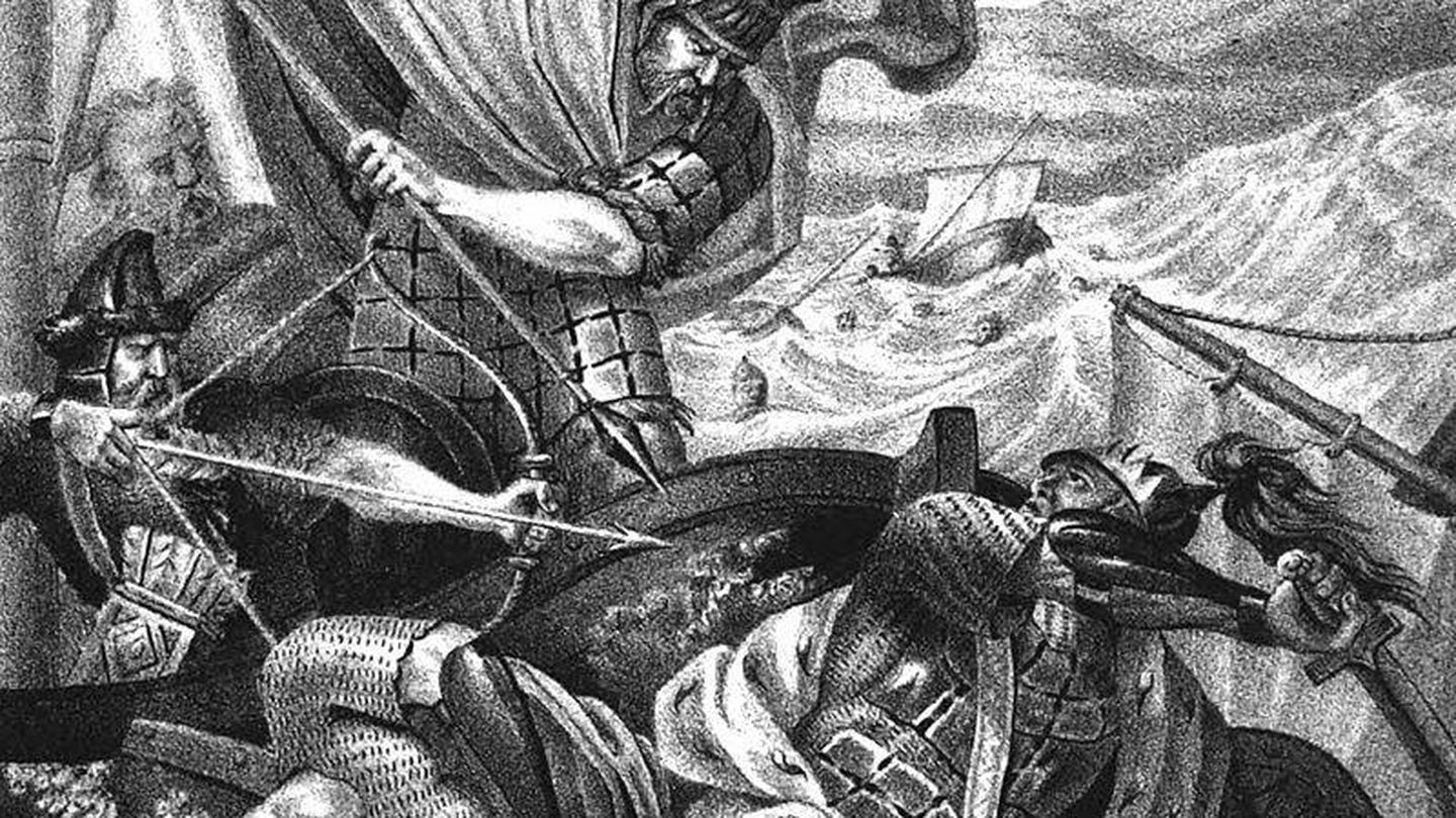 Ilustración de la muerte de Sviatoslav I a manos de los pechenegos, por Borís Chórikov. 