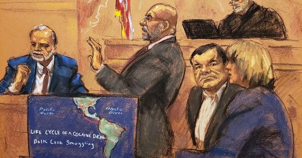 Foto: El ex investigador de la DEA Donald Semesky testifica en el juicio del 'Chapo', según un dibujo de la artista Jane Rosenberg. (EFE)