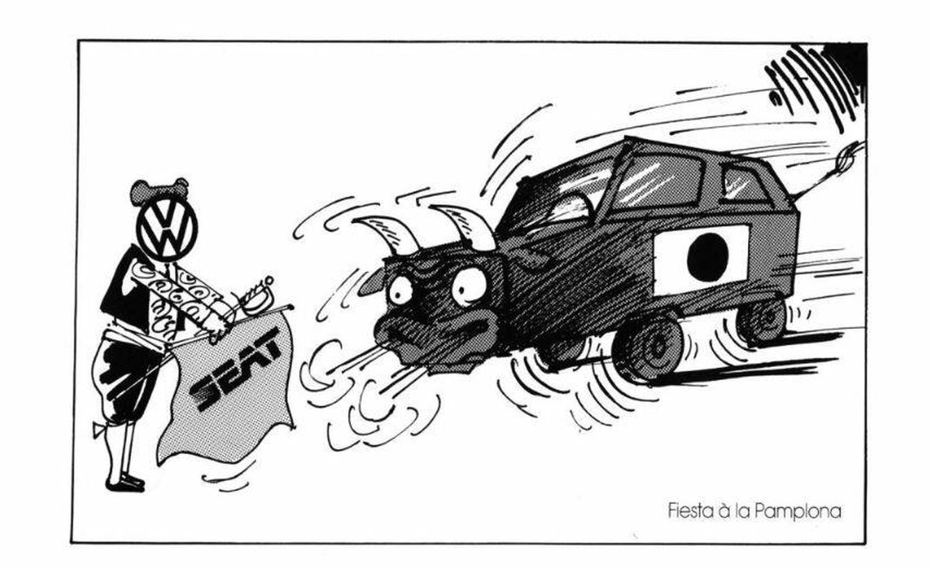 Viñeta publicada en la prensa alemana de la época: VW usa a SEAT para torear a los coches japoneses. (EC)