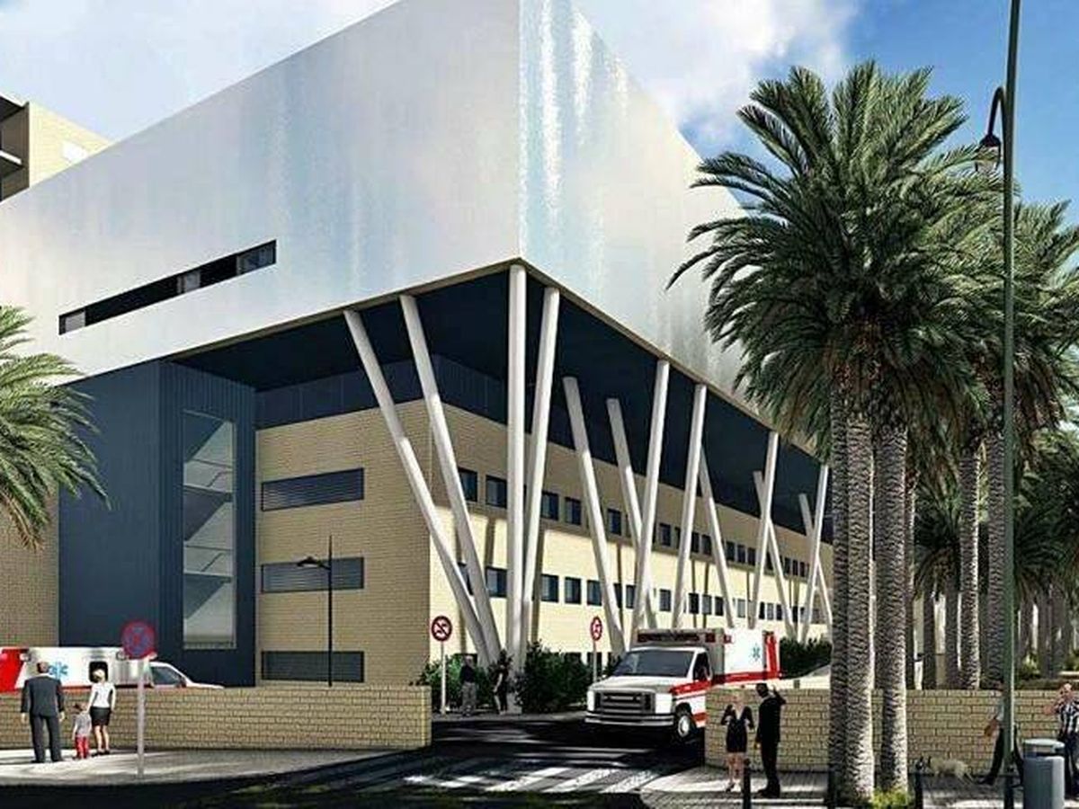 Foto: Simulación de lo que iba a ser el nuevo Hospital General de Elche, con el nuevo edificio sujeto con una estructura de acero. (Cedida)