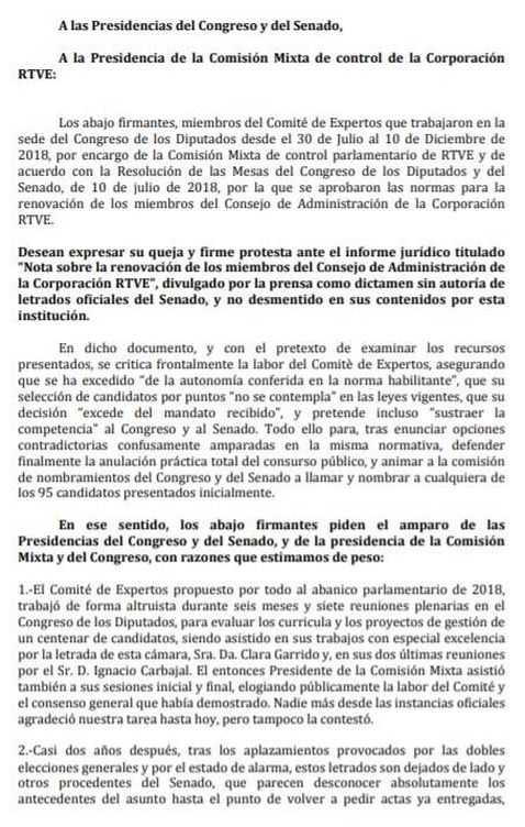 Consulte aquí en PDF el escrito que firman 13 de los 17 miembros del comité de expertos de RTVE contra los letrados de la Comisión Mixta de control parlamentario de la corporación. 