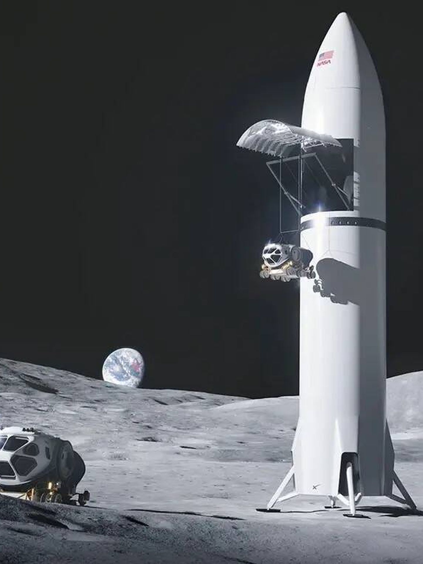 El último render del Starship Lunar de SpaceX, poniendo róvers en la superficie. (SpaceX)