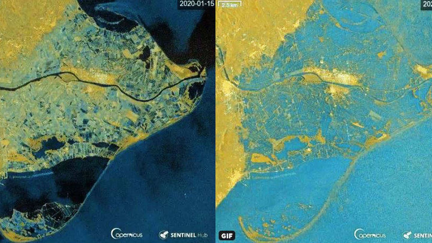 El antes y el después de la zona del delta del Ebro tras el paso de la borrasca Gloria. (Twitter)