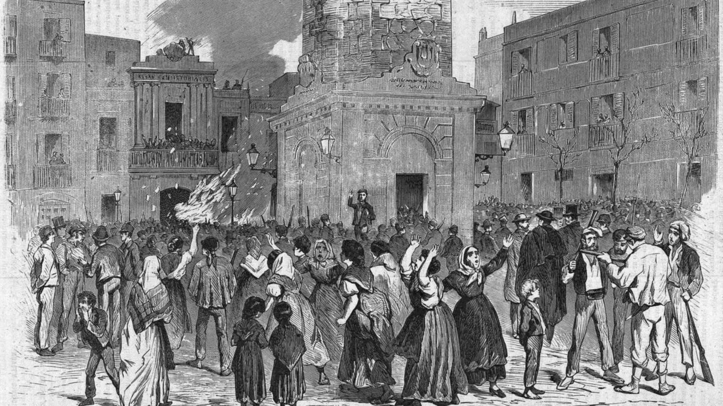 Incendio en el Registro de la Propiedad, Barcelona, 1870. ('La Ilustración de Madrid', 27 de abril de 1870)