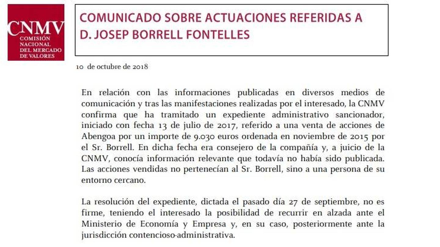 Comunicado de la CNMV sobre Borrell.