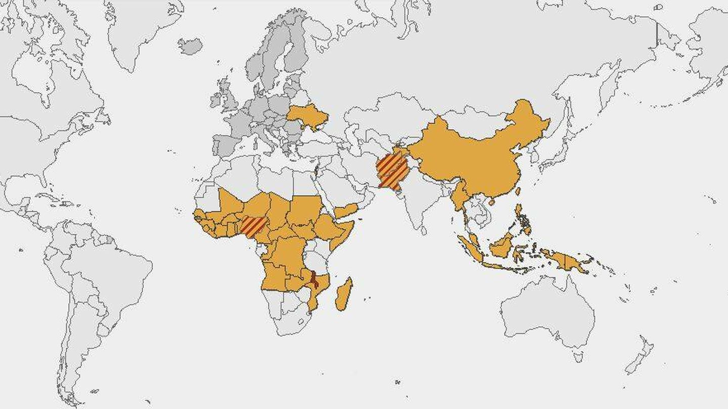 En amarillo, países del mundo con presencia reciente de polio; en Nigeria y Afganistán, se considera endémica. (ECDC)