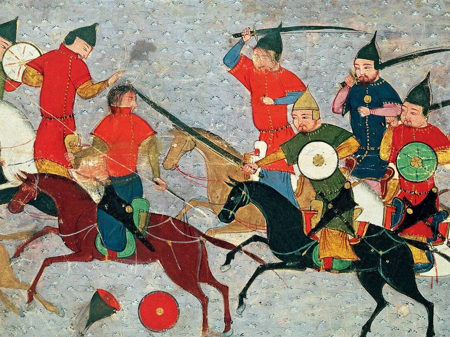 El soberano mongol pone en fuga a sus enemigos. Escena del Compendio de crónicas, de Rashid al-Din. Miniatura del siglo XIV.