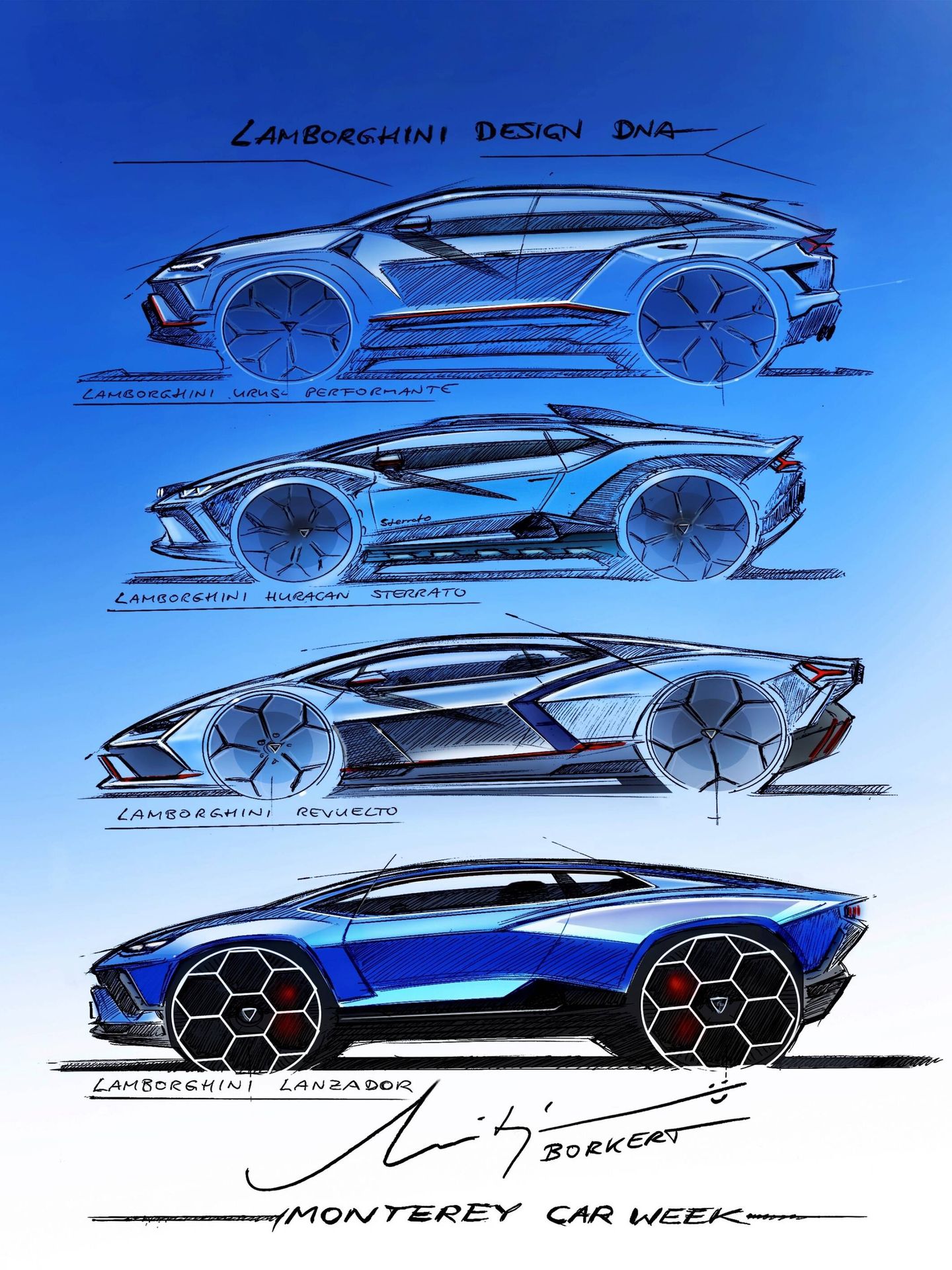 Bocetos comparativos de varios coches de Lamborghini: Urus, Huracan, Revuelto y Lanzador.