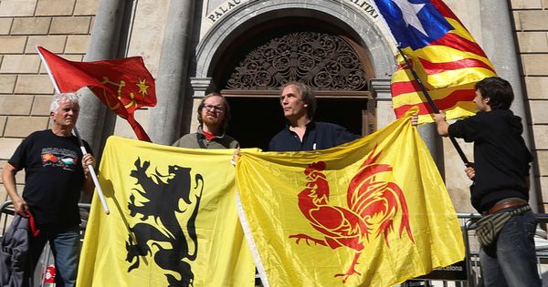 Foto:  Cuatro personas sostienen las banderas (de izda a dcha) de las regiones de Occitania, Flandes, Valonia y la estelada, ante el Palau. (EFE)