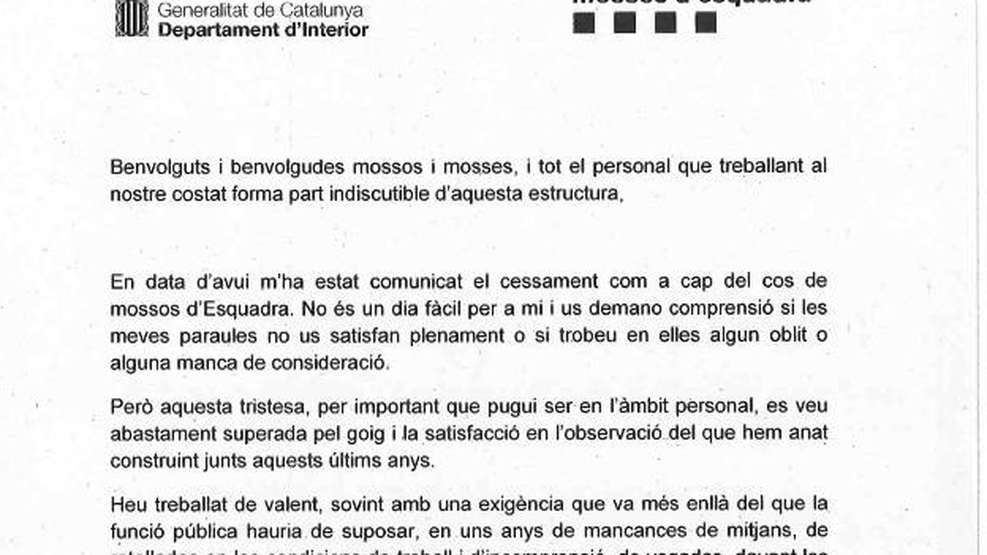 Carta de Trapero a los mossos.