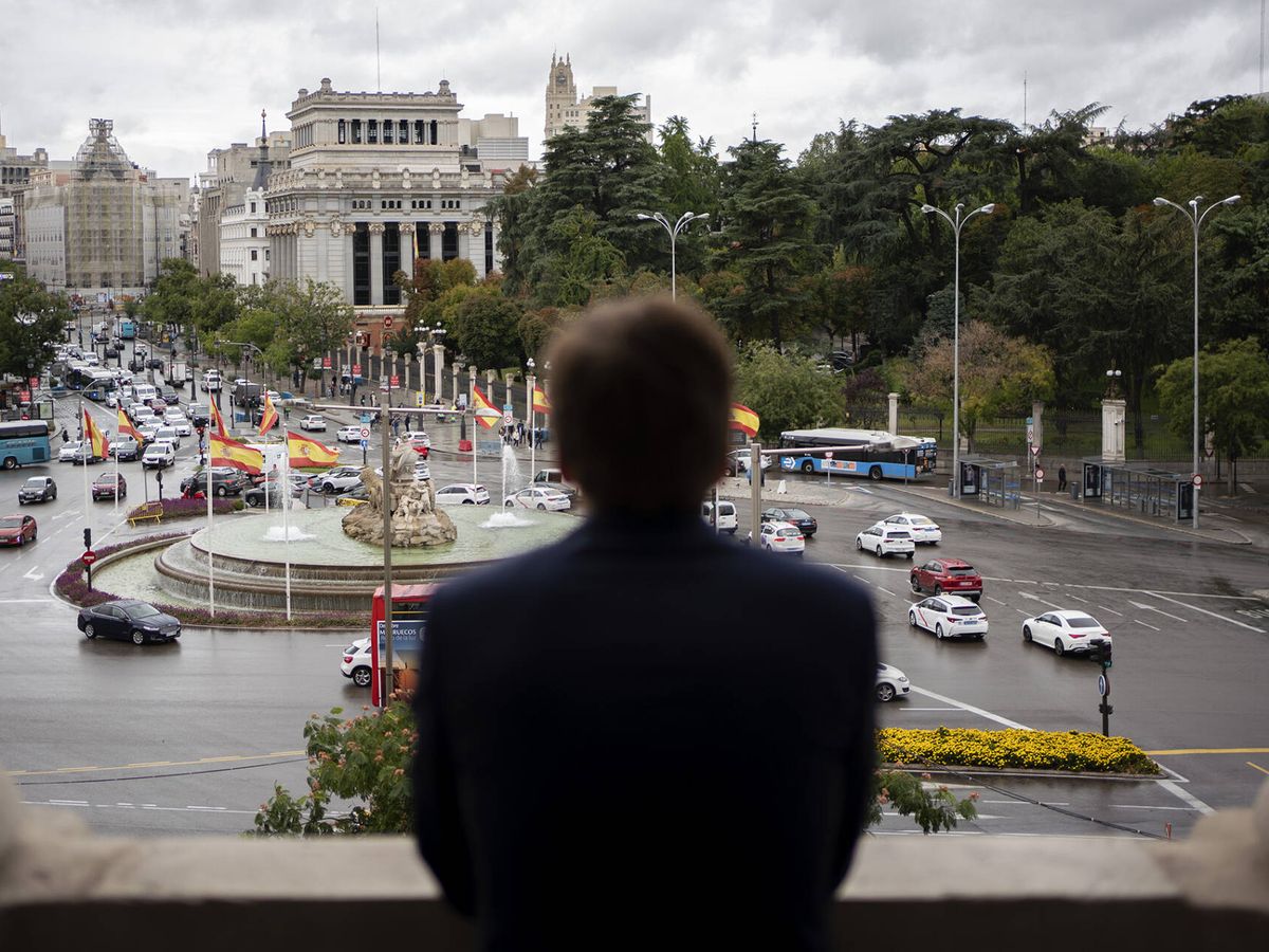 Foto: El alcalde de Madrid, José Luis Martínez-Almeida, observa la Plaza de Cibeles desde el ayuntamiento de Madrid. (Olmo Calvo)